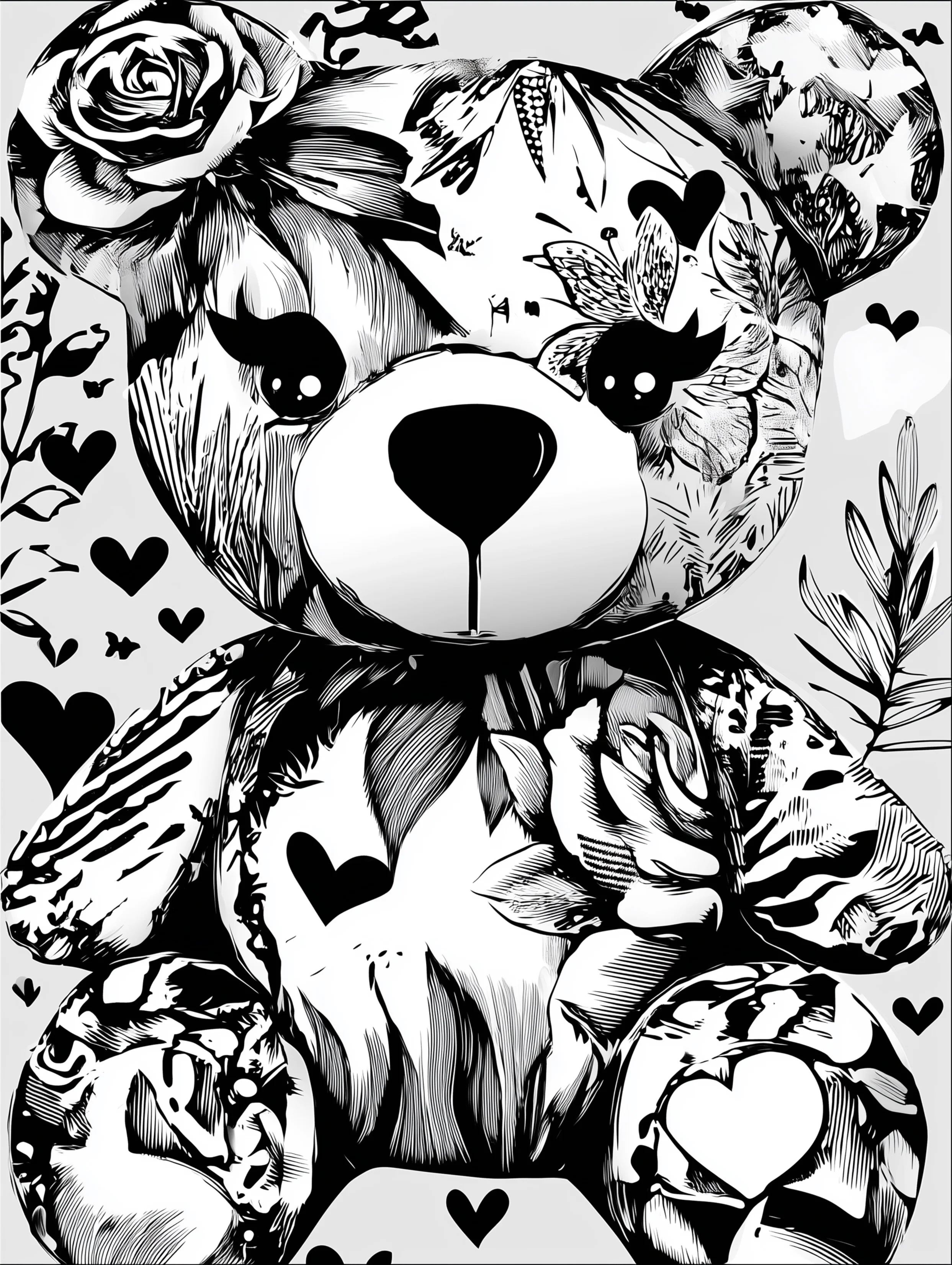 Free printable bear coloring book page featuring a bear with flowers